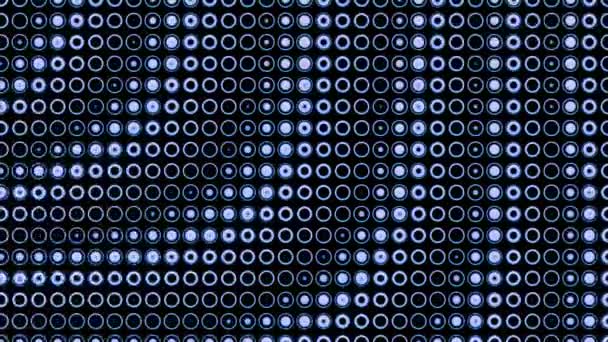 Filas abstractas de anillos pequeños del mismo tamaño sobre un fondo oscuro. Diseño. Girando lentamente patrón ondulado de pequeños círculos azules. — Vídeo de stock