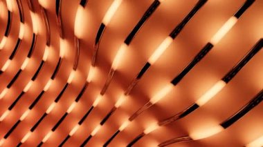 Tüplerin içinde parlak çizgiler hareket ediyor. Tasarım. Yüzeydeki kıvrımlı boruların arka planında parlak darbeler var. Parlak vuruşlar tüpler içinde hareket eder