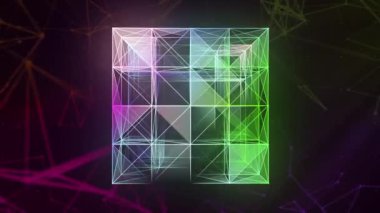 Neon arkaplan. Hareket. Parlak bir şebeke, soyutlama ve farklı açılardan parlayan çeşitli beyaz desenler yaratıyor..