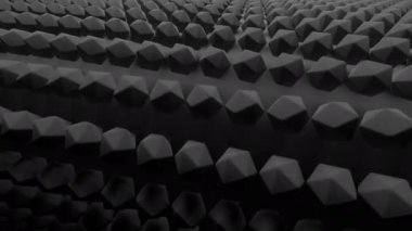 Gri ve yeşil arkaplan. Büyük bir geometrik figürün 3 boyutlu olarak saat yönünde hızlı hareket ettiği bir soyutlama.