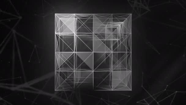 Cubo 3d abstrato de matéria plexa sobre fundo azul. Moção. Transformando a forma cúbica de linhas e pontos. — Vídeo de Stock