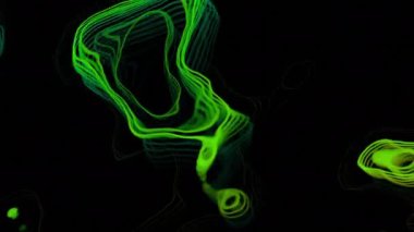 Şekil değiştirme animasyonlu soyut bir arkaplan. Tasarım. Siyah arkaplanda renkli yeşil şekiller.