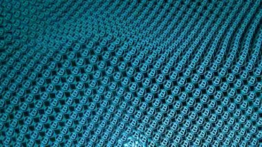 Şifreli para birimi Bitcoin 'in izometrik sembollü animasyon deseni. Tasarım. Bitcoin simgeleriyle küçük parçacıkların soyut dalga dokusu.