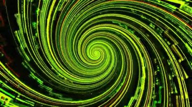 Siyah zemin üzerinde dönen soyut kasırga, dikişsiz döngü. Tasarım. Dönen kıvrımlı spiral çizgiler.