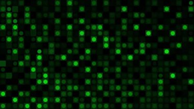 Siyah arka planda yeşil yanıp sönen daireler var. Hareket. Rastgele yanıp sönen küçük daireler ve kusursuz döngü ile piksellenmiş desen.