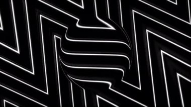 Küre silueti ve zikzak desenli soyut siyah beyaz arkaplan. Hareket. Yuvarlak şekilli, ayna efektli, kusursuz döngü..