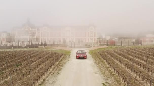 ロシア,ゲレンデジク2021年9月15日:城とブドウ畑の背景にある車. アクション。 グレープフィールドに城を残す車. 霧の日には古い不動産とブドウ畑で美しい風景. チャトー — ストック動画