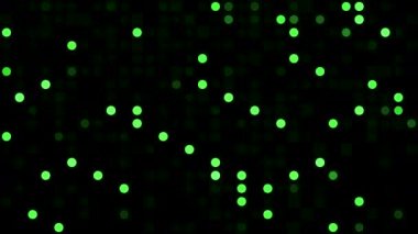 Siyah arka planda yeşil yanıp sönen daireler var. Hareket. Rastgele yanıp sönen küçük daireler ve kusursuz döngü ile piksellenmiş desen.