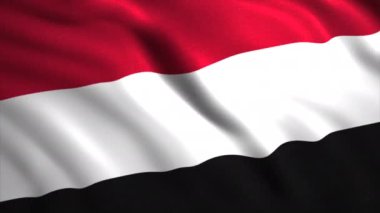 Yemen bayrağı rüzgarda sallanan yavaş çekim animasyonu, gerçekçi arka plan. Hareket. Kırmızı, beyaz ve siyah bayrak bezi, pürüzsüz döngü.