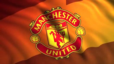 Manchester United futbol takımının logosu dalgalanan bayrak, yakın çekim. Hareket. Renkli turuncu bayrak bezi, spor anlayışı, kusursuz döngü. Sadece yazı işleri için..