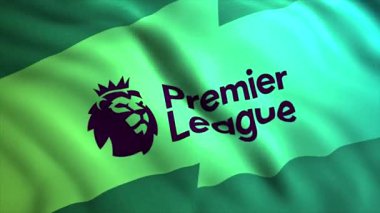 İngiliz Premier Ligi EPL logo bayrağı sallıyor, kusursuz döngü. Hareket. Mor aslan ve tacı olan yeşil bayrak. Sadece yazı işleri için..