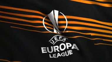 UEFA Avrupa Ligi UEL bayrağına yakın çekim. Hareket. Bir futbol kulübünün amblemi, dalgalı kumaş, dikişsiz döngü. Sadece yazı işleri için..