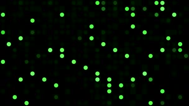 Black background with green blinking circles on a black background. Motion. Pixelated pattern with randomly blinking small circles, seamless loop. — Stock Video