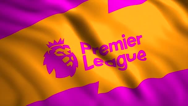 Balançando bandeira abstrata com o logotipo da nova Premier League Inglês. Moção. Um leão com uma coroa numa bandeira brilhante. Apenas para uso editorial. — Vídeo de Stock