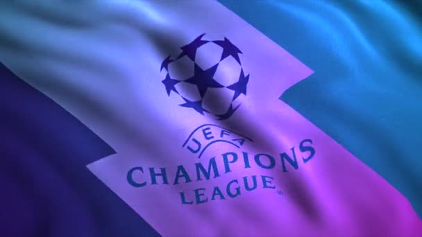 UEFA Şampiyonlar Ligi 'nin soyut bayrağı. Hareket. Gerçekçi dalgalanan bayrak, spor konsepti, kusursuz döngü. Sadece yazı işleri için.. — Stok video