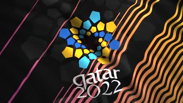 Абстрактный логотип заявки на чемпионат мира по футболу 2022 года в Катаре. Движение. Крупный план реалистичного флага в волнистом движении, бесшовный цикл. Только для редакционного использования. — стоковое видео
