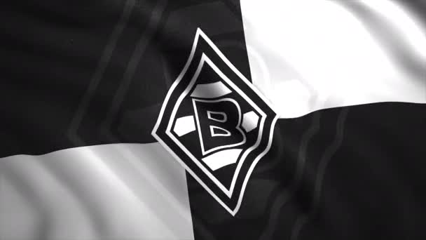 Close-up van geanimeerde zwaaiende monochrome vlag van Borussia professionele voetbalclub gevestigd in Monchengladbach. Beweging. Concept van nationale trots en sport. Uitsluitend voor redactioneel gebruik. — Stockvideo