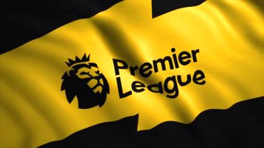 Premier Lig 'in hareketli bayrağının animasyonu. Hareket. Premier Lig futbolunun 3 boyutlu güzel bayrağı. İngiliz Premier Futbol Ligi amblemi taşıyan bayrak