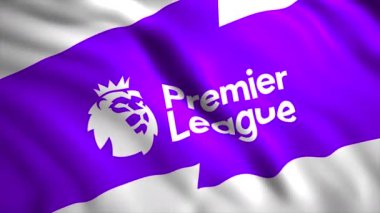 İngiliz Premier Ligi amblemi taşıyan bayrak. Hareket. İngiltere Profesyonel Futbol Ligi bayrak ve amblem taşıyor. İngiliz Premier Liginin güzel ve şık bayrağı