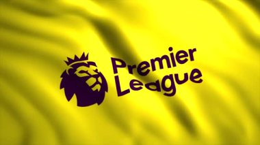 İngiliz Premier Ligi EPL logo bayrağı sallıyor, kusursuz döngü. Hareket. Sarı bayrak, mor aslan ve taç. Sadece yazı işleri için..
