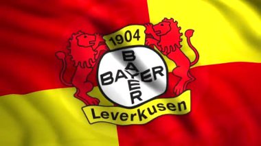  Bayer Leverkusen logosu parlak zıt bir bayrak üzerinde, kusursuz bir döngü. Hareket. Leverkusen merkezli soyut Alman futbol kulübü. Sadece yazı işleri için..