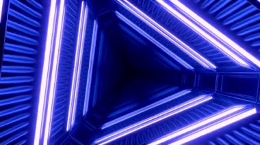 Soyut mavi üçgen tünel neon mavisi, dikişsiz döngü. Tasarım. Dönen sonsuz koridorda uçarak.