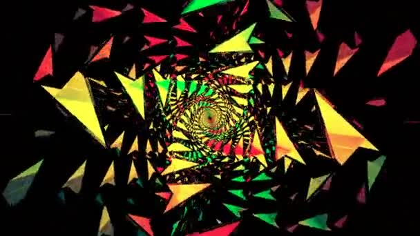 Abstraktní animované pozadí s kroutícími se barevnými šípy, bezešvé smyčky. Design. Rotující trojúhelníkové tvary, 3D chodba. — Stock video