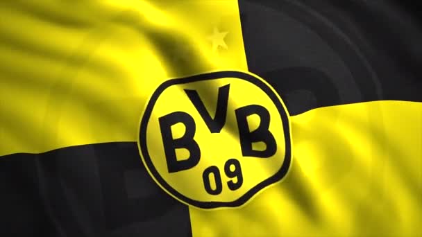 Κοντινό πλάνο κινουμένων σχεδίων κυματίζει σημαία μιας ποδοσφαιρικής ομάδας Borussia Dortmund. Κίνηση. Έννοια της εθνικής υπερηφάνειας και του αθλητισμού. Μόνο για εκδοτική χρήση. — Αρχείο Βίντεο