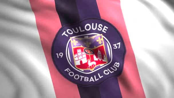 Κυματίζοντας ρεαλιστική σημαία του γαλλικού επαγγελματικού ποδοσφαιρικού συλλόγου στην Τουλούζη. Κίνηση. Ύφασμα κυματισμού μιας αφηρημένης σημαίας. Μόνο για εκδοτική χρήση. — Αρχείο Βίντεο