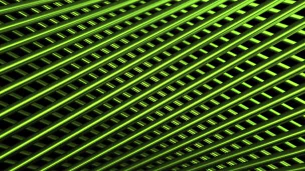 Tubi metallici verdi dritti incrociati su uno sfondo nero, anello senza cuciture. Mozione. Campo verde di strisce incrociate. — Video Stock