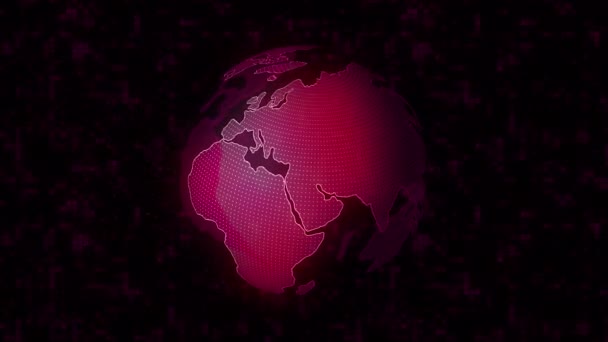 검은색 배경에 고립 된 지구 실루엣의 반복 디지털 핑크 회전 글로브. 움직임. 뉴스 디지털 세계지도 배경 공간의 3D 애니메이션 . — 비디오