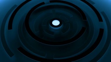 Alışılmadık bir makinenin soyut dönüş mekanizması, kusursuz döngü. Tasarım. Ortasında beyaz nokta olan koyu mavi plastik veya metal yuvarlak makine.