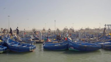 Bir sürü balıkçı teknesi ve martısı olan bir Marina. Başla. Güneşli bir günde iskelede mavi botlar. Birçok teknesi olan güney deniz kasabasında bir liman.