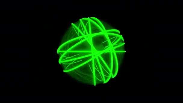 Энергетическая сфера зеленых лазерных лучей, бесшовная петля. Дизайн. Неоновый вращающийся шар с гибочными линиями, технологией, научным фоном движения. — стоковое видео