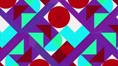 Çemberleri, kareleri ve üçgenleri kusursuz bir şekilde döngü halinde olan geometrik desen. Hareket. Mor ve mavi tonometrik desenli modernist soyut arka plan kusursuz daireler, kareler ve