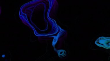 Siyah arkaplanda enerji plazması lekeleri var. Tasarım. Elektronik 3D katmanlı hareketli noktalar. Elektronik plazma noktaları siyah arkaplanda hareket eder ve bağlanır