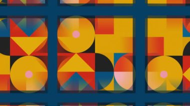 Geometrik şekilli renkli retro süslemeler. Hareket. Geometrik renkli figürlerle modernist animasyon. Renkli üçgenler, kareler ve daireler soyutlamada hareket eder