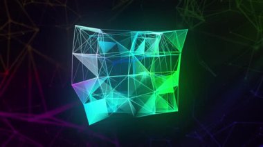 3 boyutlu çizgiler küp şeklinde hareket eder. Hareket. Kübik dizaynda renkli çizgiler ve üçgenler. Çizgileri ve üçgen bağlantıları olan geometrik tasarım