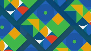Geometrik şekilli renkli retro süslemeler. Hareket. Geometrik renkli figürlerle modernist animasyon. Renkli üçgenler, kareler ve daireler soyutlamada hareket eder