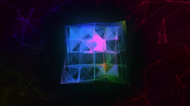 Kare 3 boyutlu tasarım çizgileri. Hareket. İzole edilmiş arka planda hareket eden üçgenleri olan doğrusal yapı. Çizgi ve üçgenlerin kare yapısının 3 boyutlu canlandırması