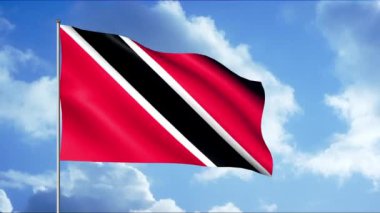 Gökyüzü arka planında rüzgarda uçuşan güzel 3D bayrak. Hareket. Bayrak direğindeki bayrak gökyüzünde dalgalanıyor. Trinidad ve Tobago 'nun vatansever bayrağı