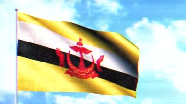 Mavi bulutlu bir arka planda Brunei bayrağının soyut dalgalanması. Hareket. Bayrak direğinde kusursuz bir döngü..