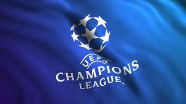 Şampiyonlar Ligi amblemi taşıyan bayrak. Hareket. Avrupa 'da futbol Dünya Kupası' nın parlak stil bayrağı. Şampiyonlar Ligi logosu 3 boyutlu bayrak sallıyor