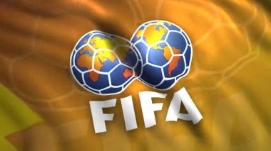 3D FIFA bayrağı sallıyor. Hareket. Hareketli FIFA bayrağı ile canlandırılmış arka plan. FIFA bayrağının açılışı üzerine logo. Uluslararası Futbol Federasyonu 'nun kumaşında amblem