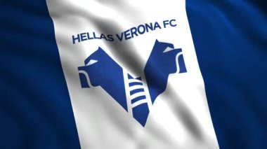 İtalyan futbol kulübünün logosu. Hareket. Futbol kulübünün bayrak geliştirme amblemi. Verona futbol kulübünün logosuyla 3D bayrak animasyonu