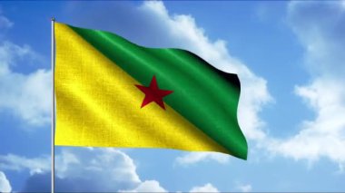 Gökyüzü arka planında rüzgarda uçuşan güzel 3D bayrak. Hareket. Bayrak direğindeki bayrak gökyüzünde dalgalanıyor. Fransız Guyanasının vatansever bayrağı