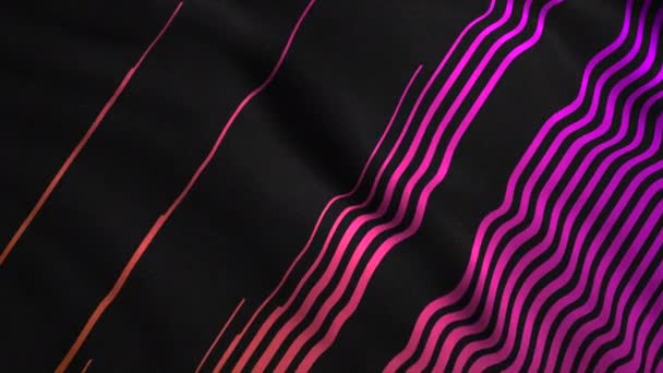 Textura pozadí růžové úzké vlnící se čáry na černém pozadí. Pohyb. Hedvábná látka s barevným vzorem houpající se ve větru. — Stock video