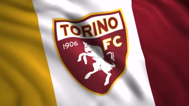 Logotyp för italienska fotbollsklubben. Rörelse. Emblem för fotbollsklubben på att utveckla flaggan. 3D-animering av flaggan med logotyp för Torino fotbollsklubb — Stockvideo