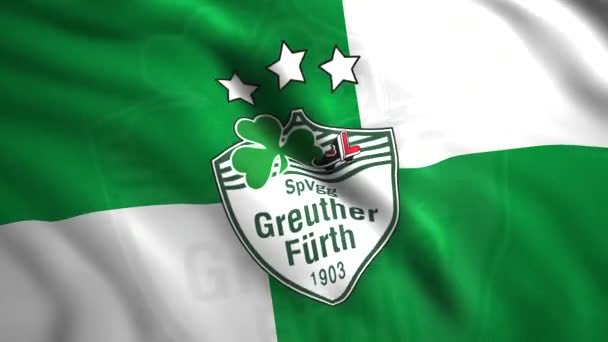 Σημαία με έμβλημα της γερμανικής ποδοσφαιρικής ομάδας. Κίνηση. Όμορφα κυματίζει σημαία με το λογότυπο της ομάδας ποδοσφαίρου. Σημαία της ποδοσφαιρικής ομάδας Groiter Furth — Αρχείο Βίντεο