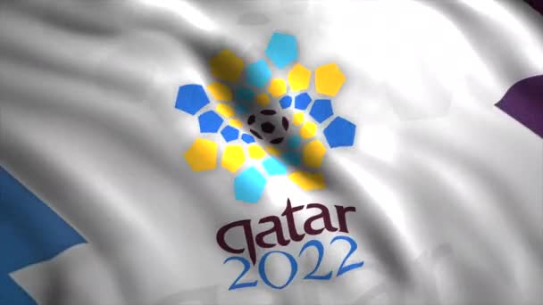 Абстрактный логотип заявки на чемпионат мира по футболу 2022 года в Катаре. Движение. Крупный план реалистичного флага в волнистом движении, бесшовный цикл. Только для редакционного использования. — стоковое видео